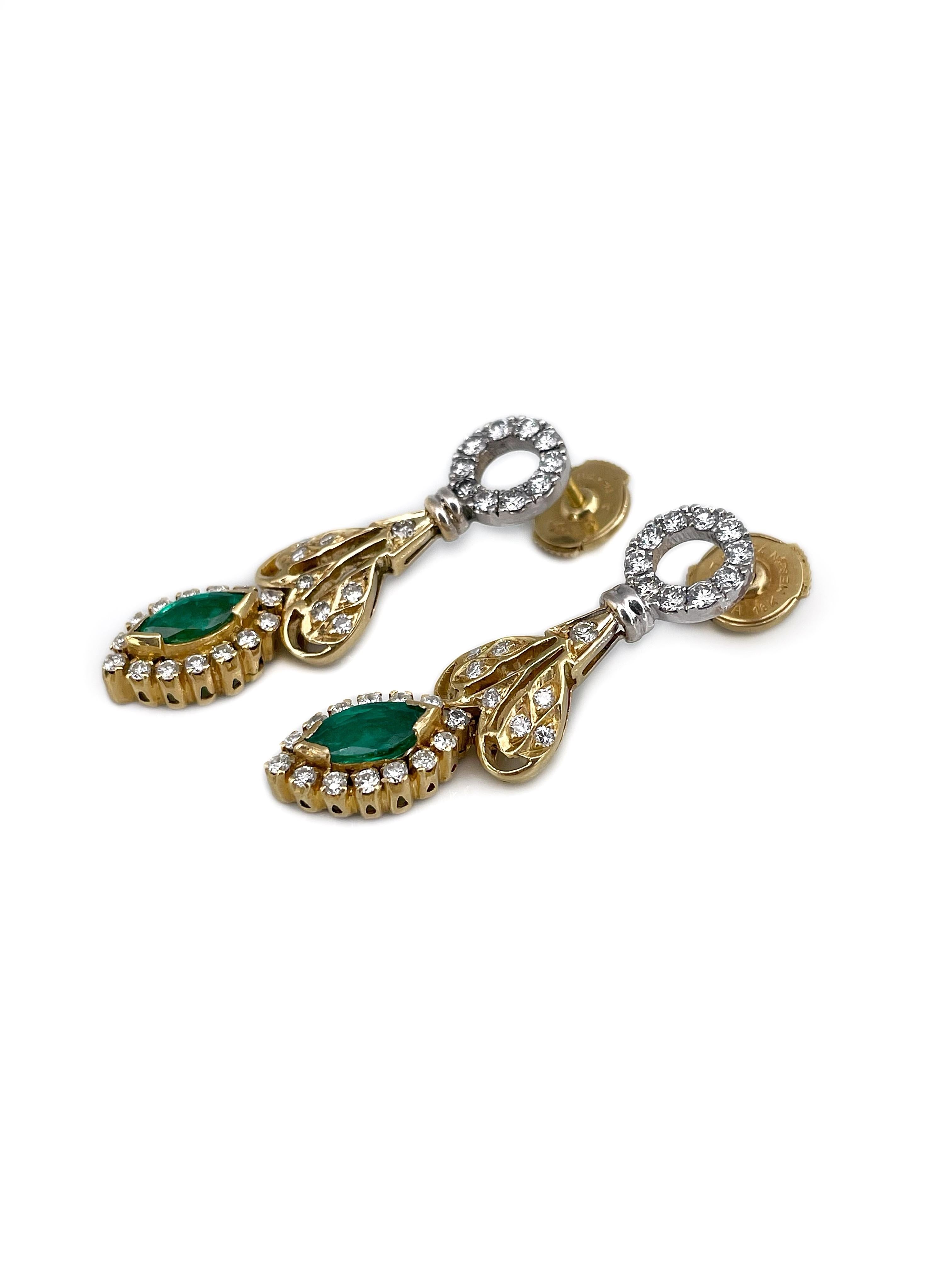 Mixed Cut Vintage 18 Karat Gold 0.90 Carat Emerald 0.70 Carat Diamond Stud Drop Earrings For Sale