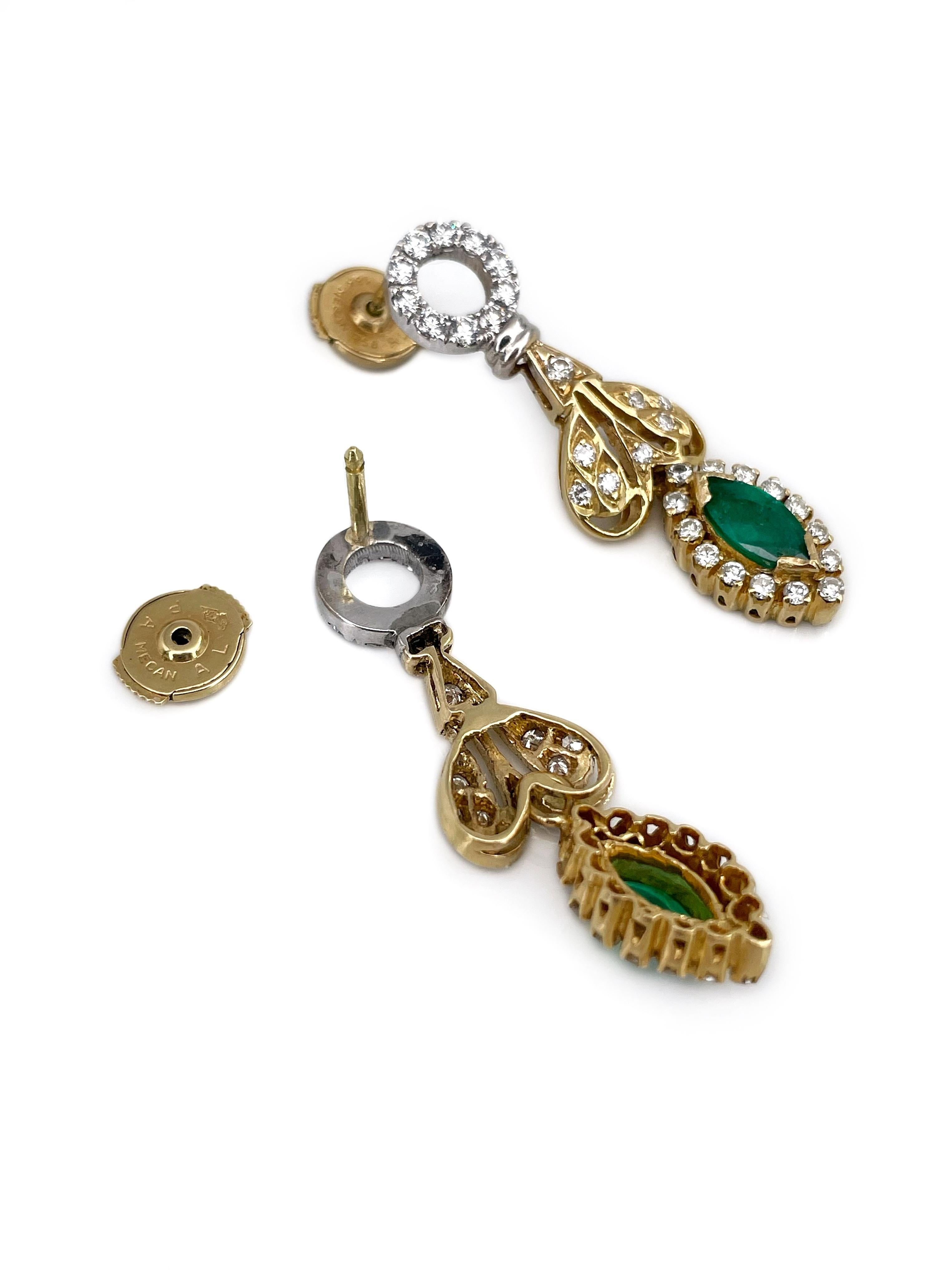 Vintage 18 Karat Gold 0.90 Carat Emerald 0.70 Carat Diamond Stud Drop Earrings In Good Condition For Sale In Vilnius, LT