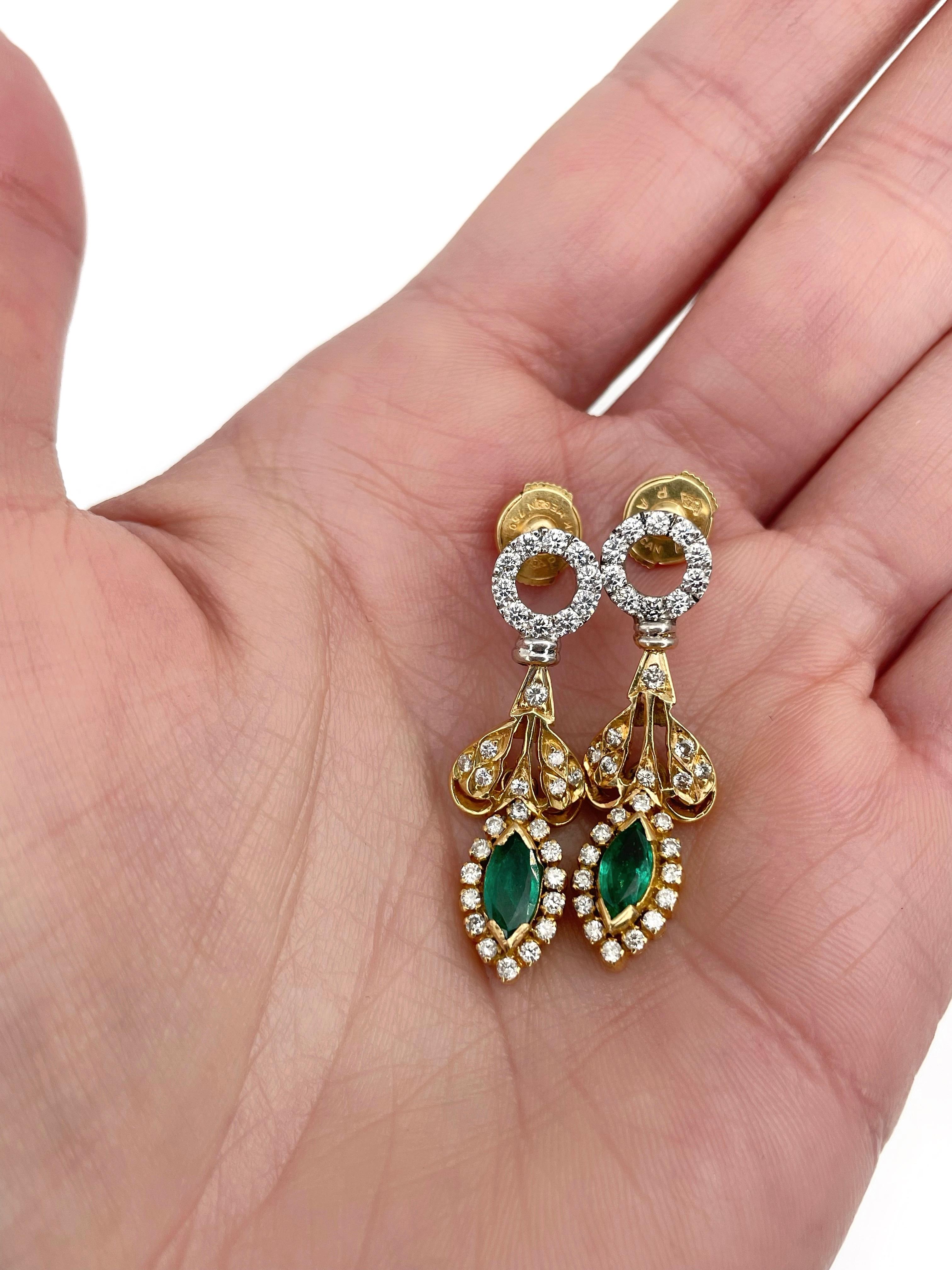 Women's Vintage 18 Karat Gold 0.90 Carat Emerald 0.70 Carat Diamond Stud Drop Earrings For Sale