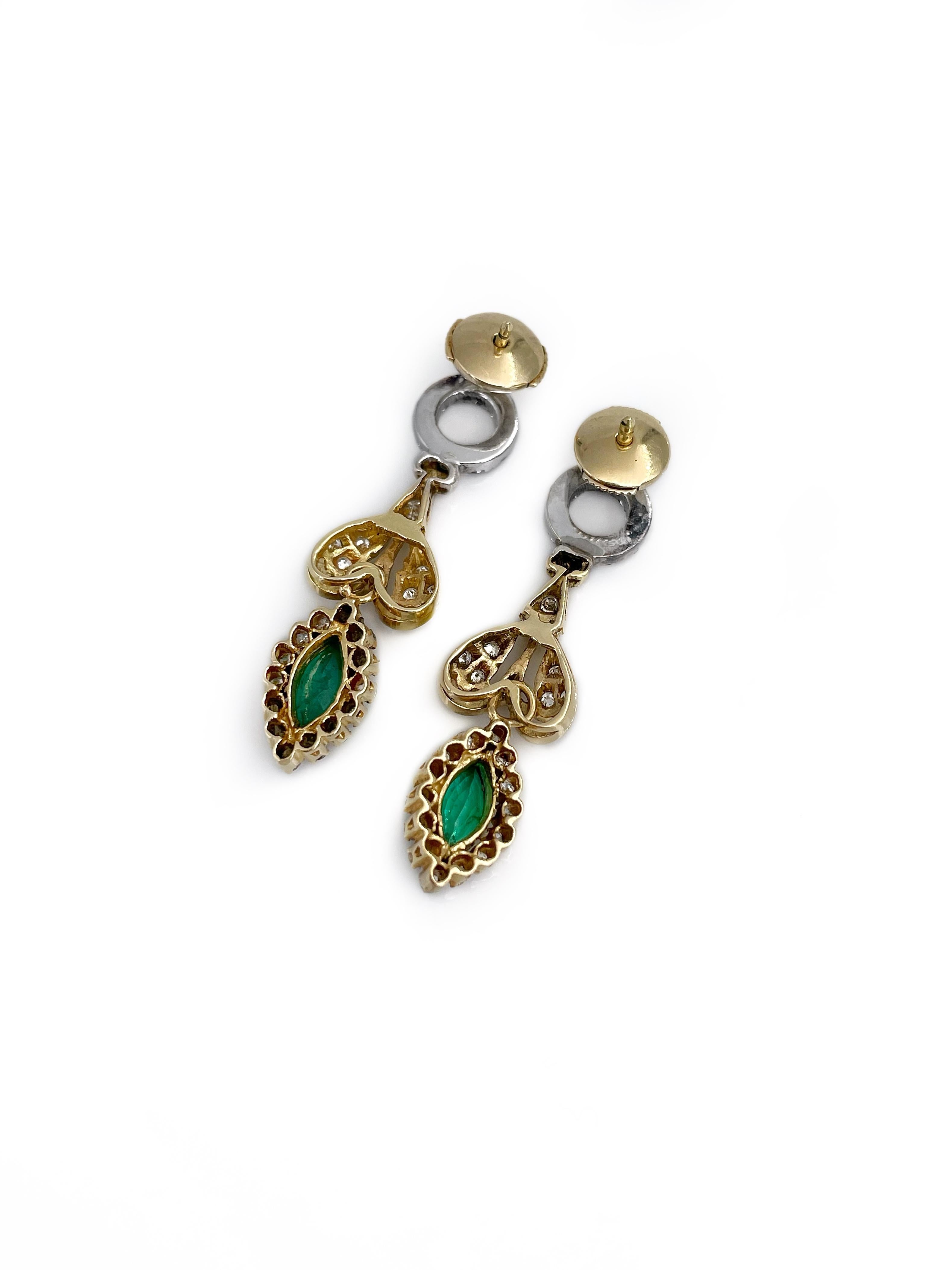 Vintage 18 Karat Gold 0.90 Carat Emerald 0.70 Carat Diamond Stud Drop Earrings For Sale 1