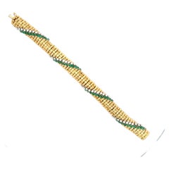 Retro 18 Karat Yellow Gold Emerald Diamond Woven Motif Bracelet 61.1 Grams