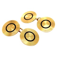 Vintage 18 Karat Yellow Gold Enamel Circular Cufflinks, Circa 1950