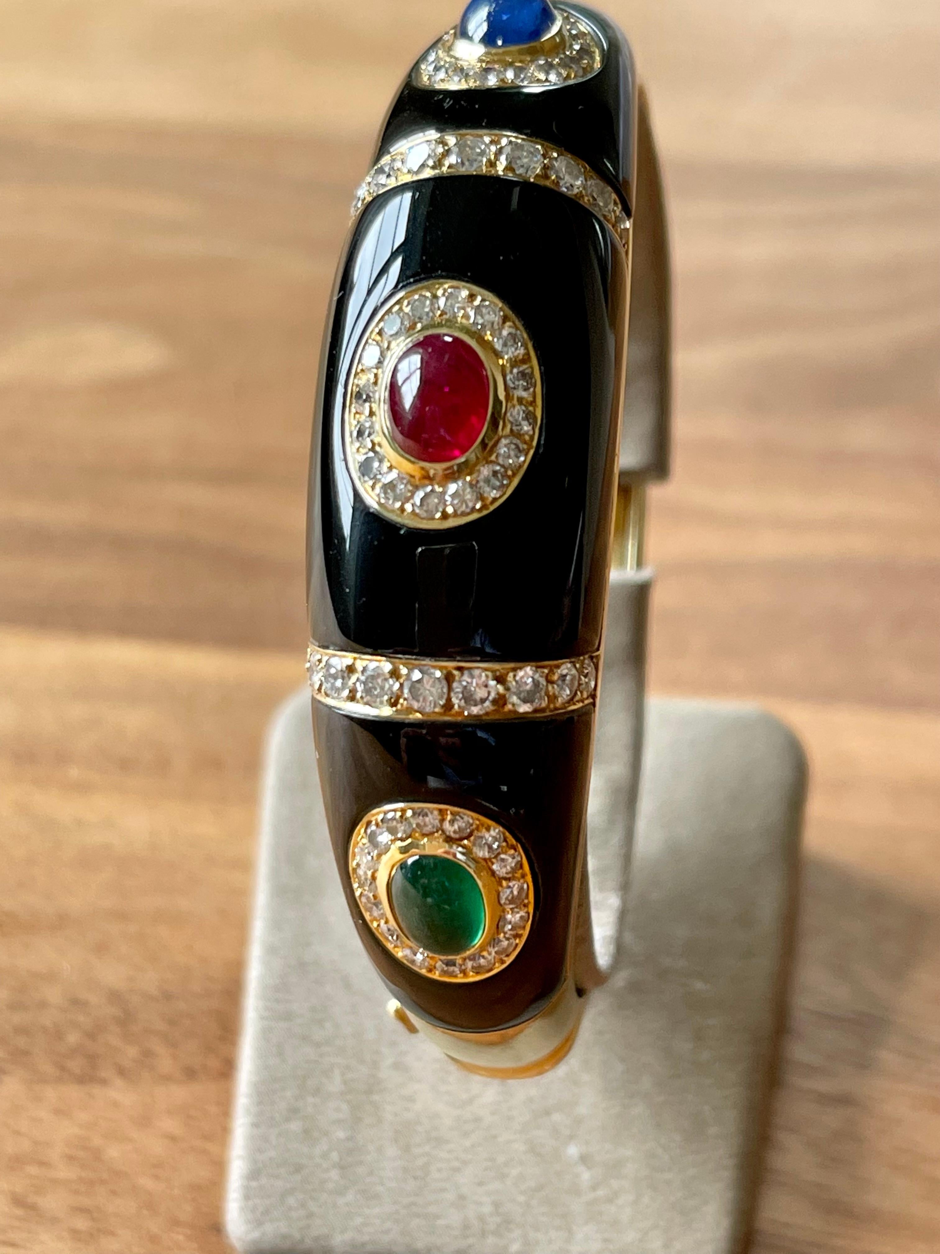 Vintage 18 Karat Yellow Gold Enamel Diamond Ruby Sapphire Emerald Bangle For Sale 2