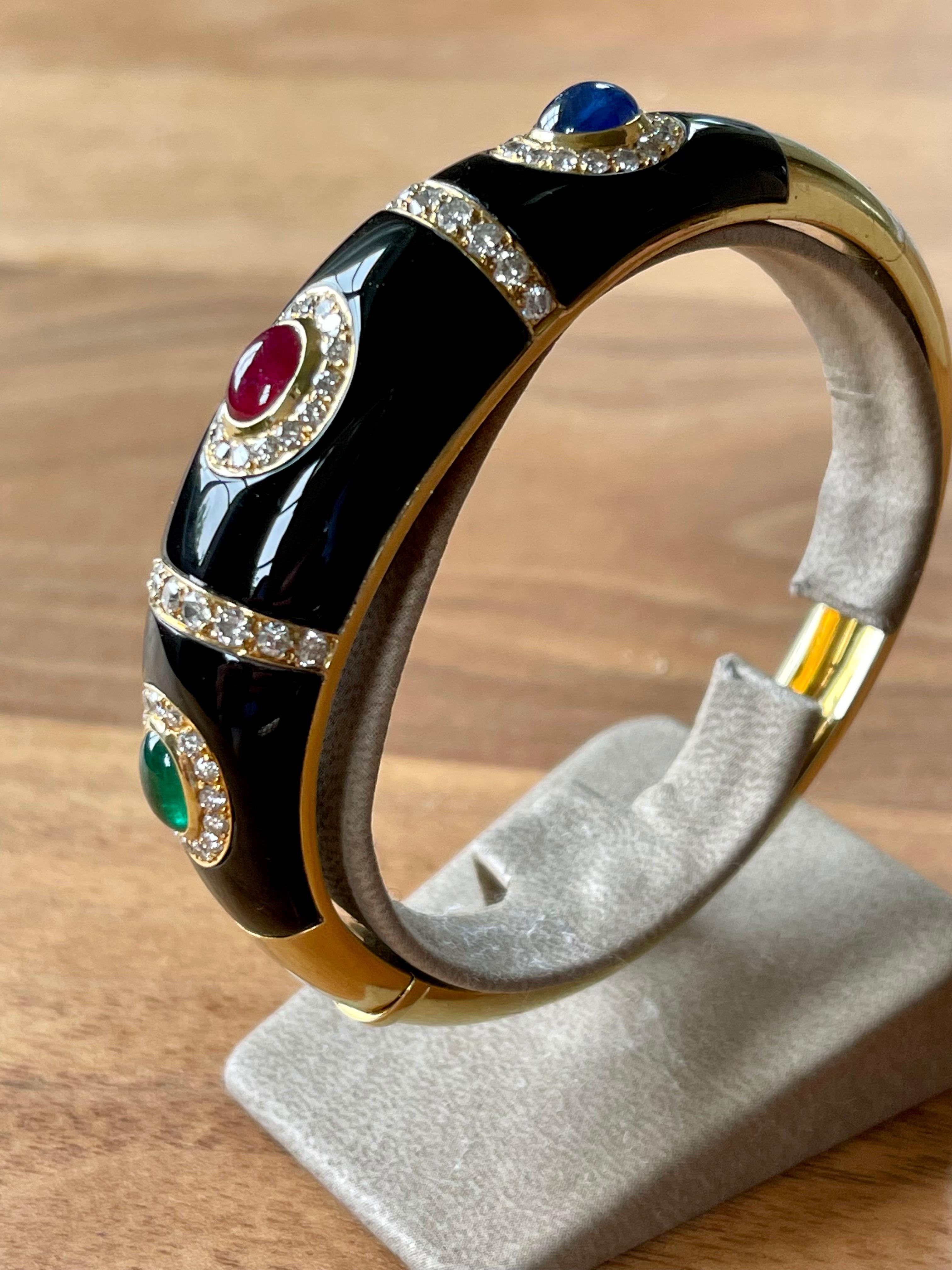 Vintage 18 Karat Yellow Gold Enamel Diamond Ruby Sapphire Emerald Bangle For Sale 3