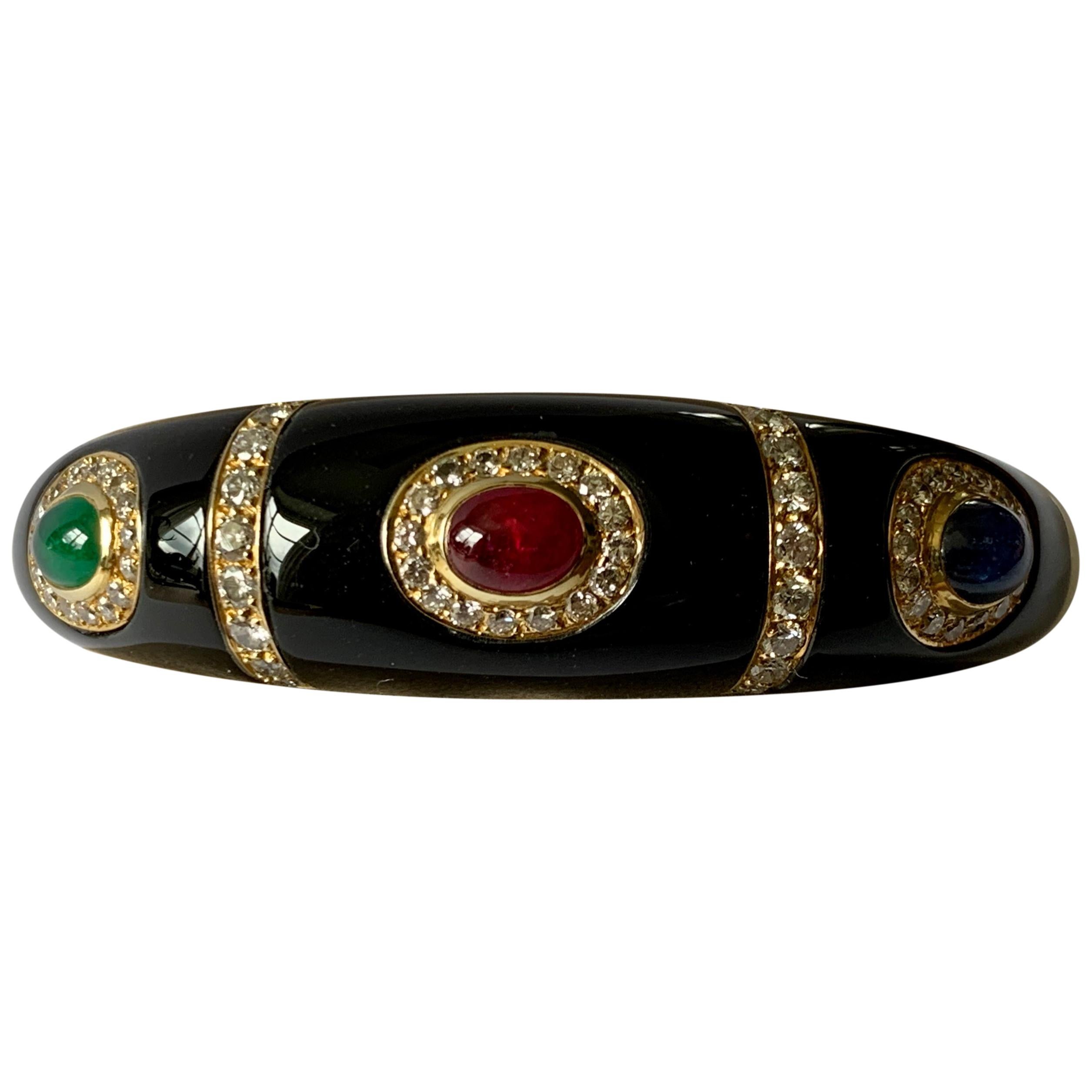 Vintage 18 Karat Yellow Gold Enamel Diamond Ruby Sapphire Emerald Bangle