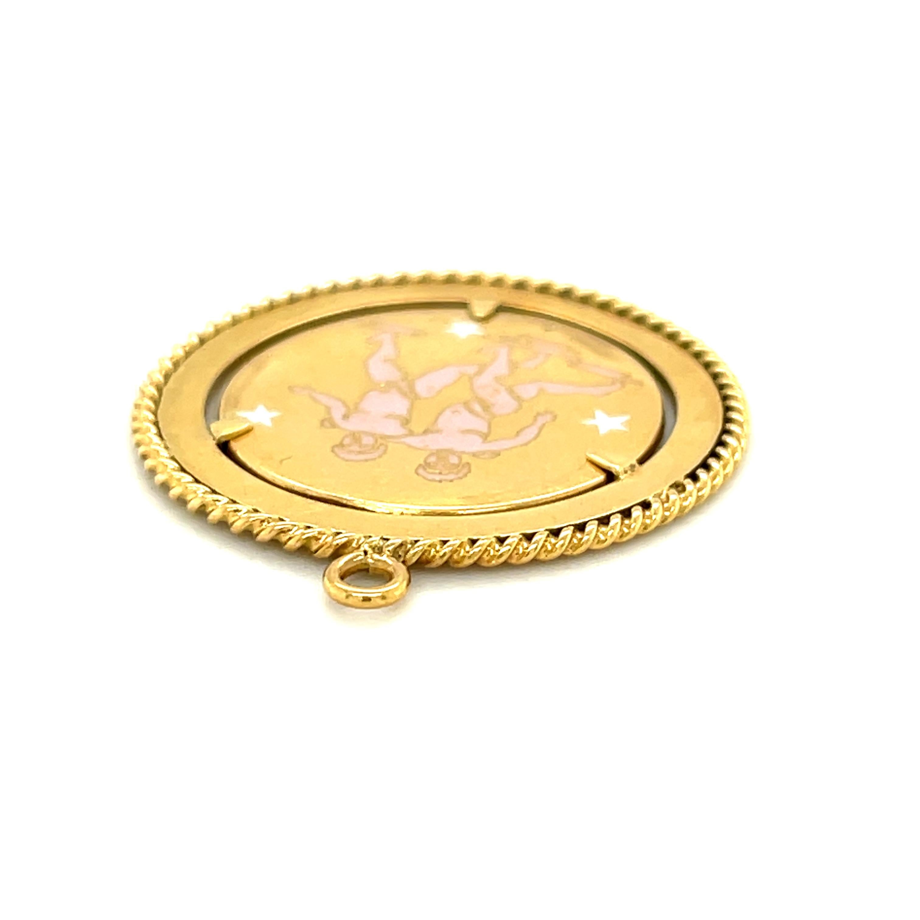 Modern Vintage 18 Karat Yellow Gold Enamel Gemini Zodiac Charm