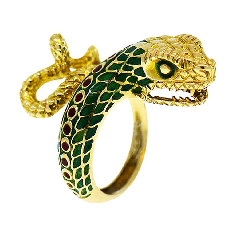 Vintage 18 Karat Yellow Gold Enameled Large Snake Ring, Rare 1960s ...