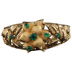 Vintage 18 Karat Yellow Gold Floral Columbian Emerald and Diamond Cuff Bracelet