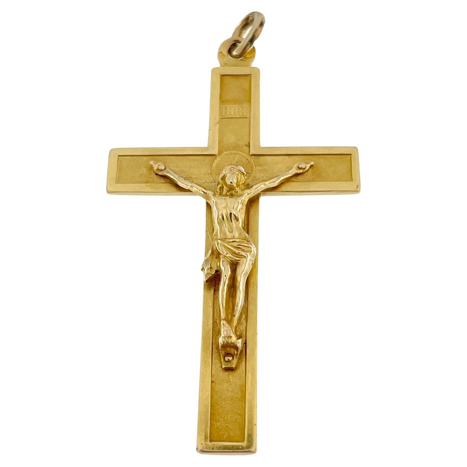 Vintage 18 karat Yellow Gold French Crucifix For Sale