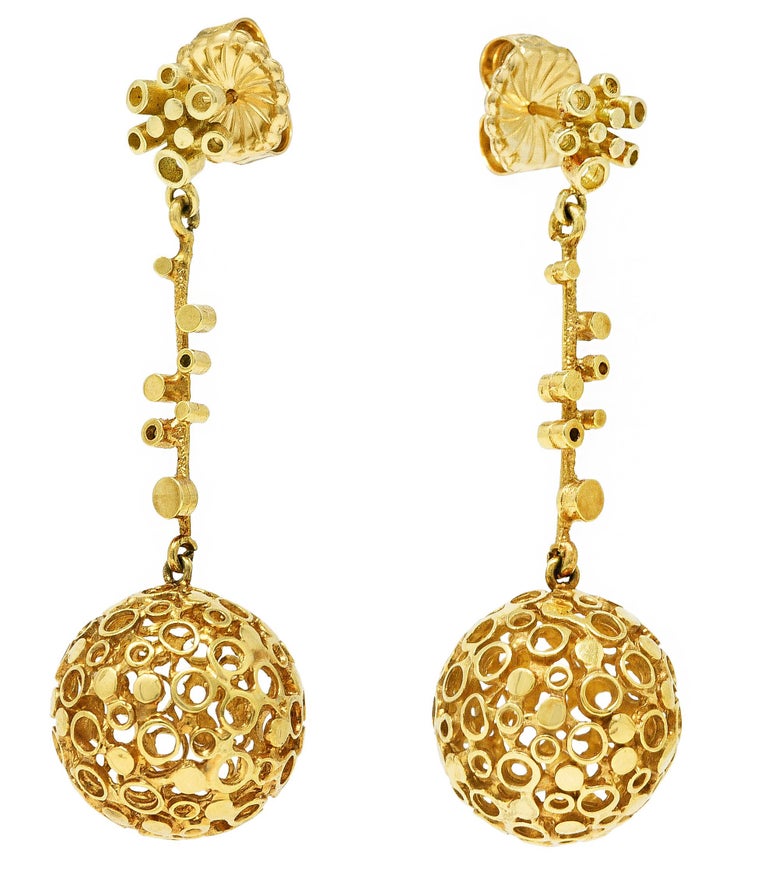 Vintage 18 Karat Yellow Gold Geometric Sphere Drop Earrings For Sale at