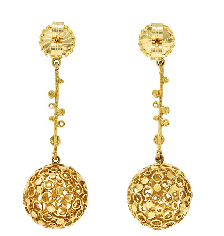 Vintage 18 Karat Yellow Gold Geometric Sphere Drop Earrings For Sale at