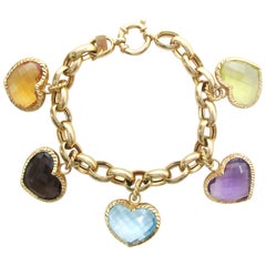 Vintage 18 Karat Yellow Gold Italian Heart Five Charm Bracelet Citrine Amethyst