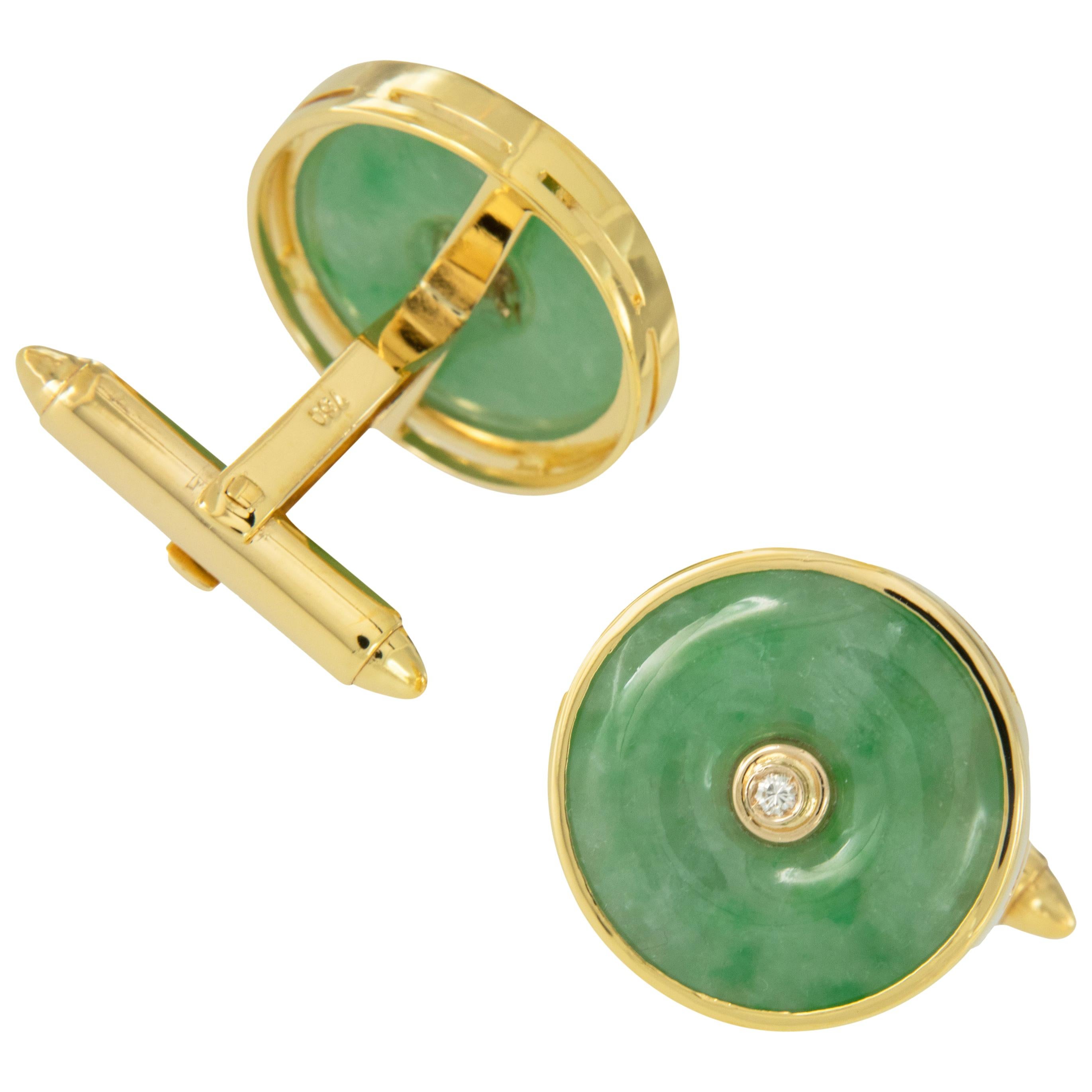 Boutons de manchette vintage en or jaune 18 carats avec jadéite et diamants