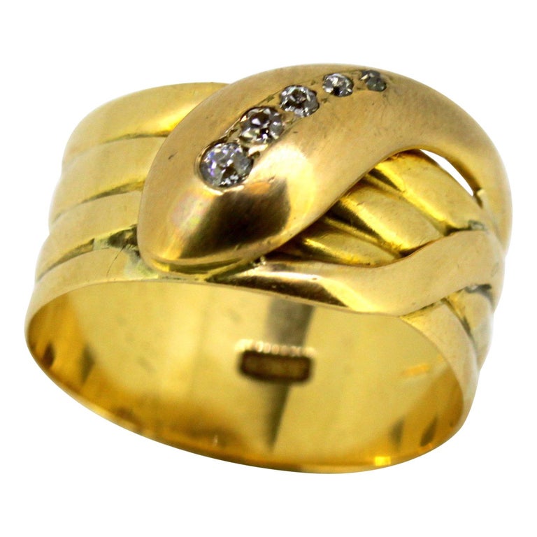 Vintage 18 Karat Yellow Gold Men's Snake Ring with Diamonds, 1950s For Sale  at 1stDibs