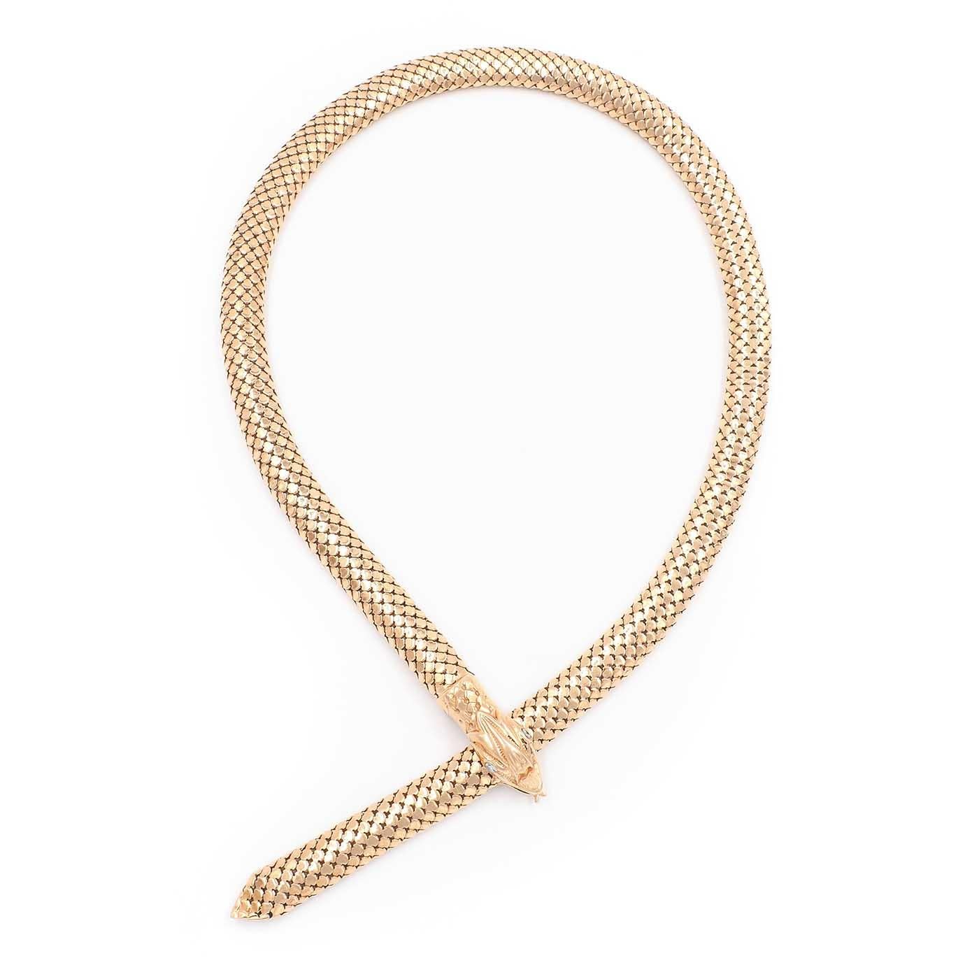 Vintage Italian 18k Yellow Gold Mesh Snake Necklace. Depicting a three dimensional snake, with a mouth that acts as a clasp so that the necklace can be worn at different lengths (see photo). With 2 diamonds set into the eyes that weigh approximately