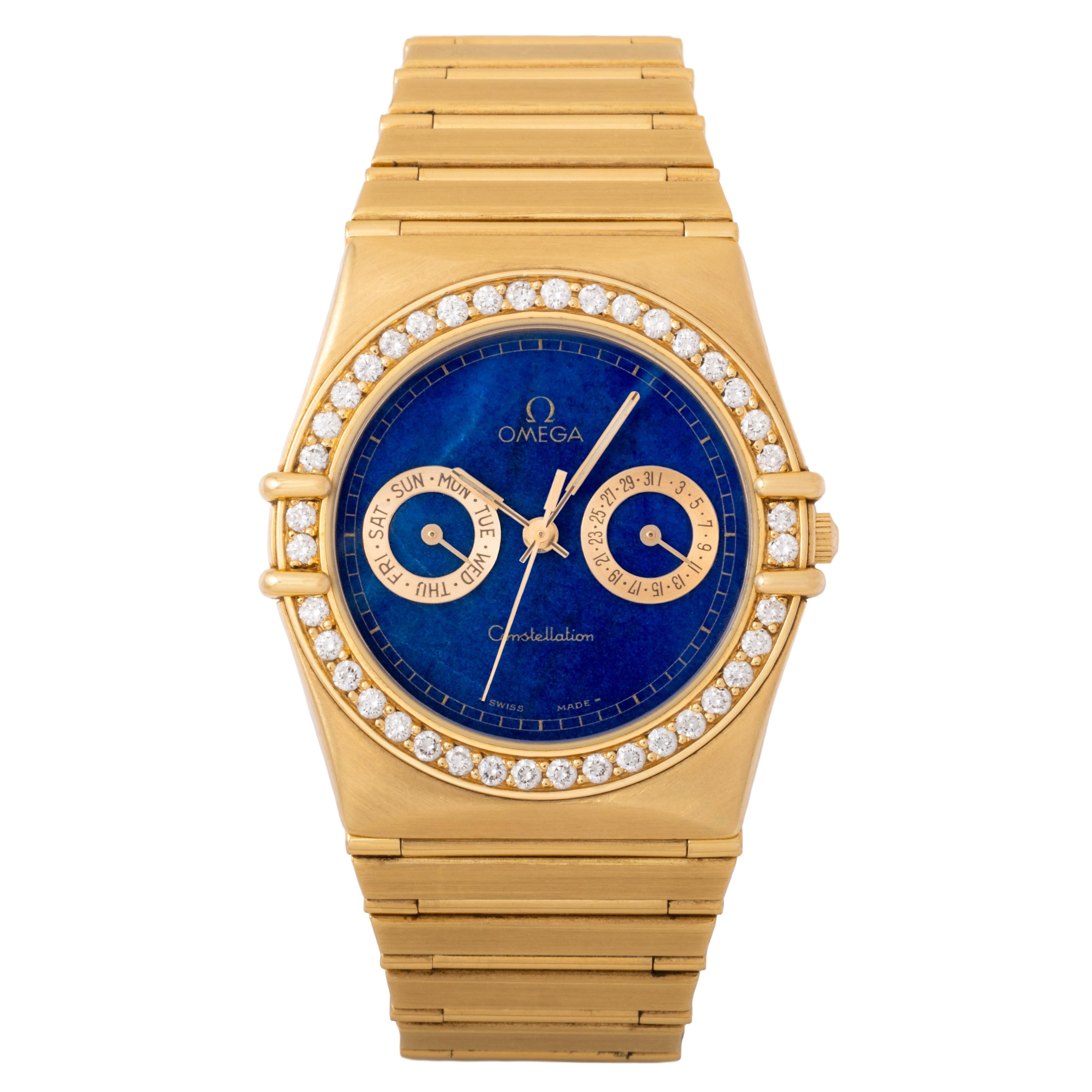 Modern Vintage 18 Karat Yellow Gold Omega Constellation 34mm Lapis Dial Diamond Bezel