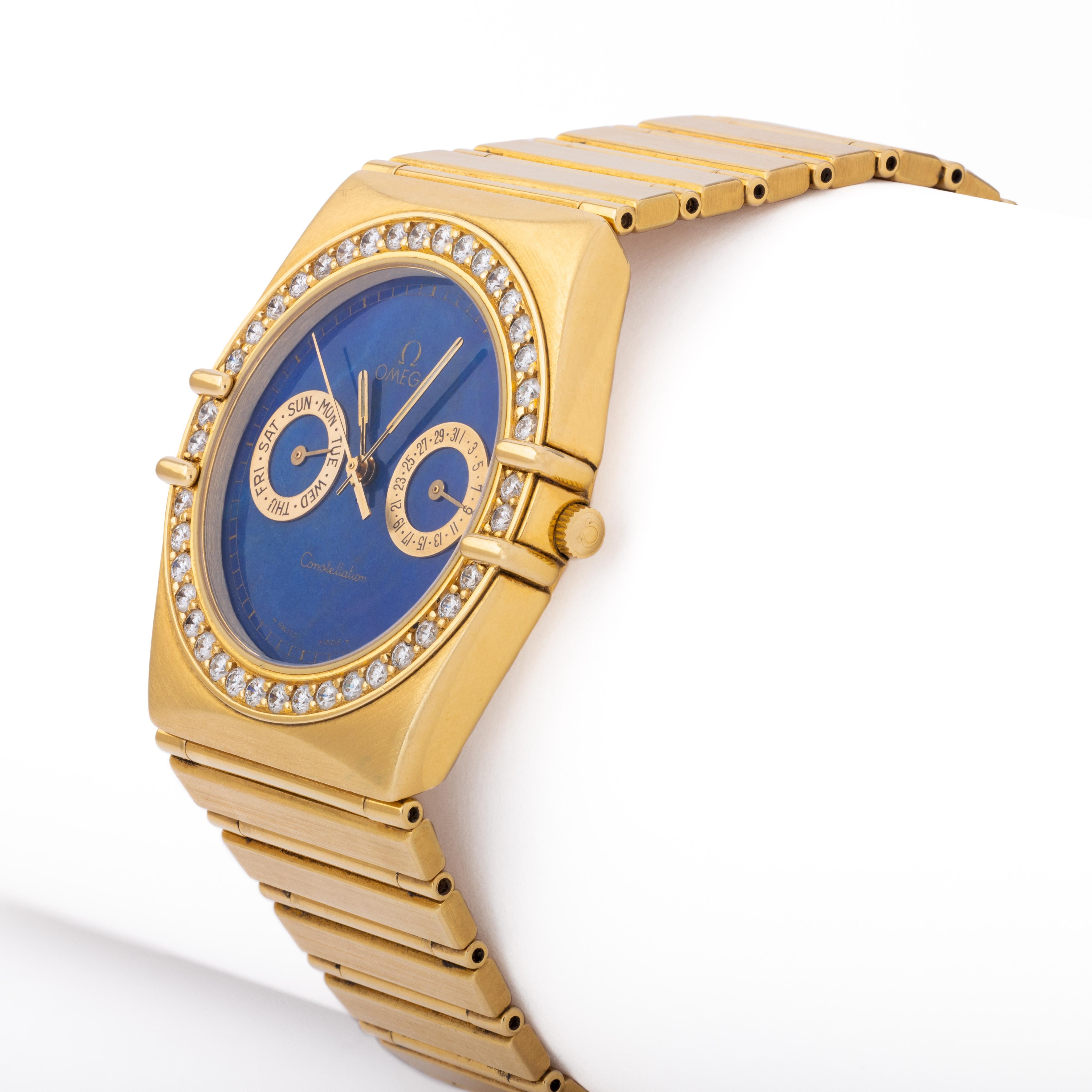 Brilliant Cut Vintage 18 Karat Yellow Gold Omega Constellation 34mm Lapis Dial Diamond Bezel