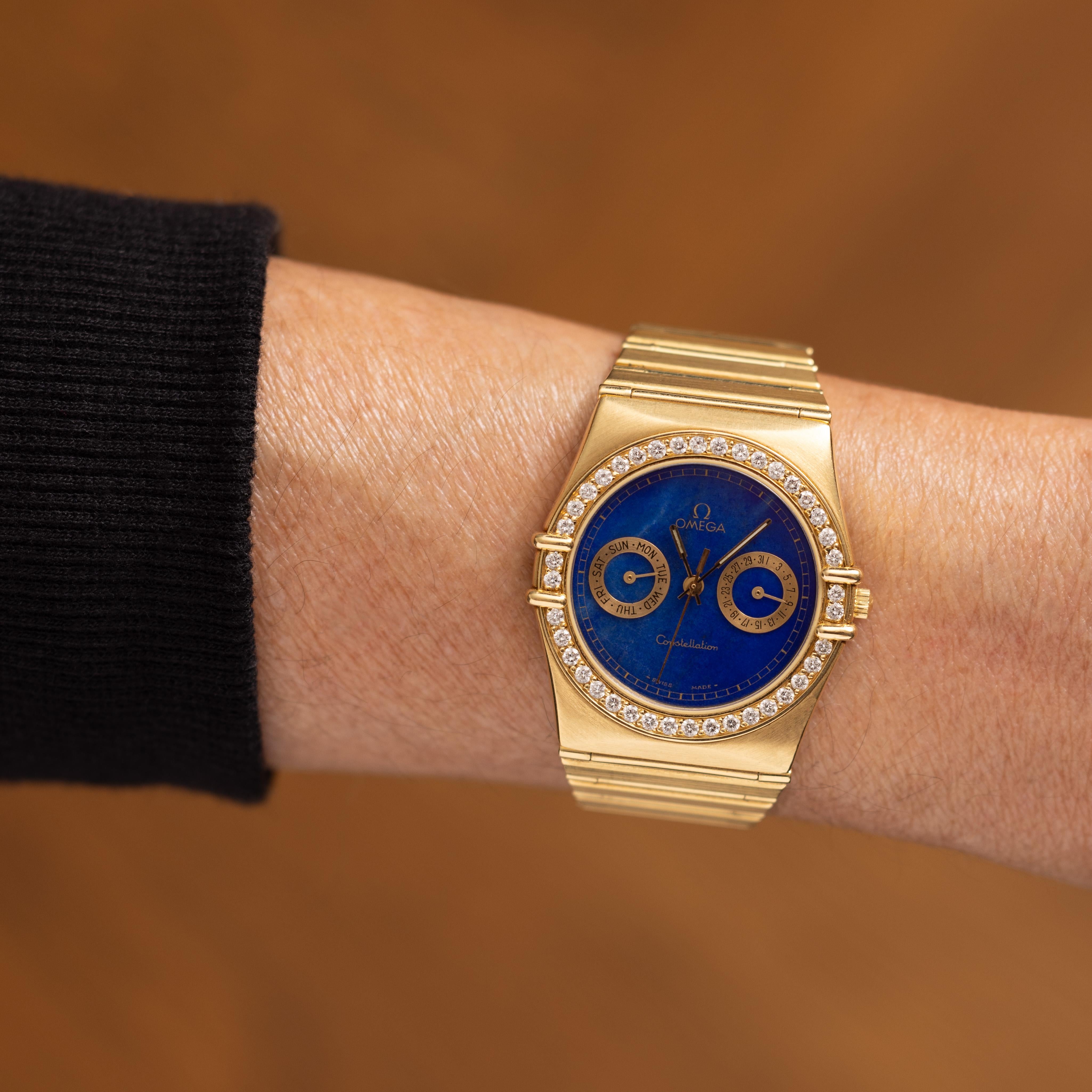 Vintage 18 Karat Yellow Gold Omega Constellation 34mm Lapis Dial Diamond Bezel 2