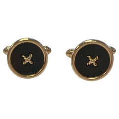 Vintage 18 Karat Yellow Gold Onyx Button Cufflinks