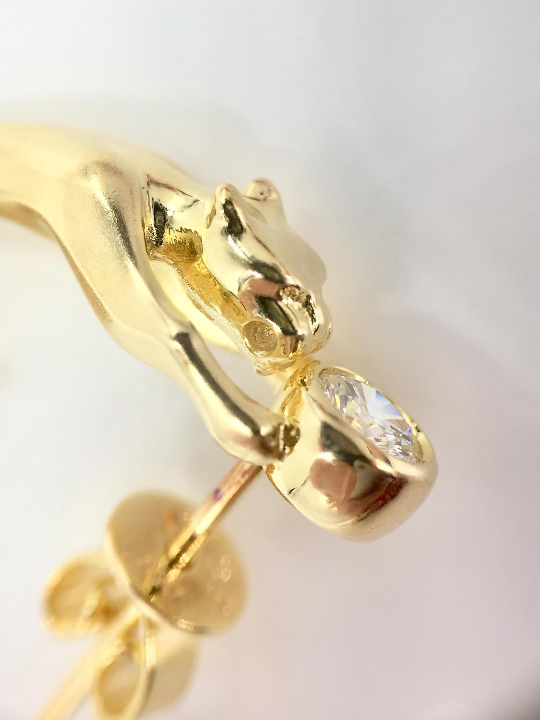 Women's Vintage 18 Karat Yellow Gold Panther Diamond Earrings