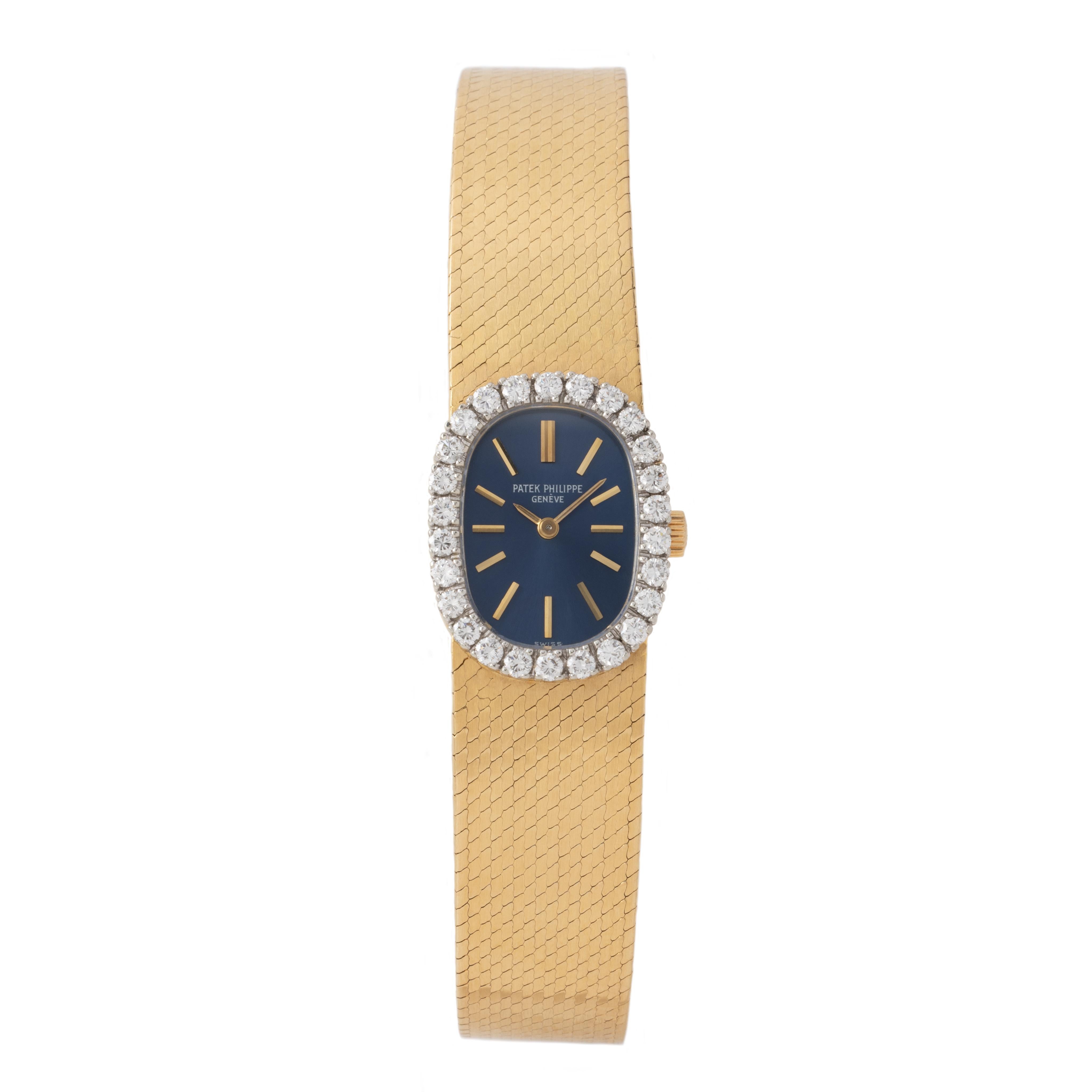 Vintage 18 Karat Yellow Gold Patek Philippe Ellipse Diamond Model 3377 / 1
1.25cts Diamond Bezel and Blue Dial
Serial # 2682XXX
fits up to a 6