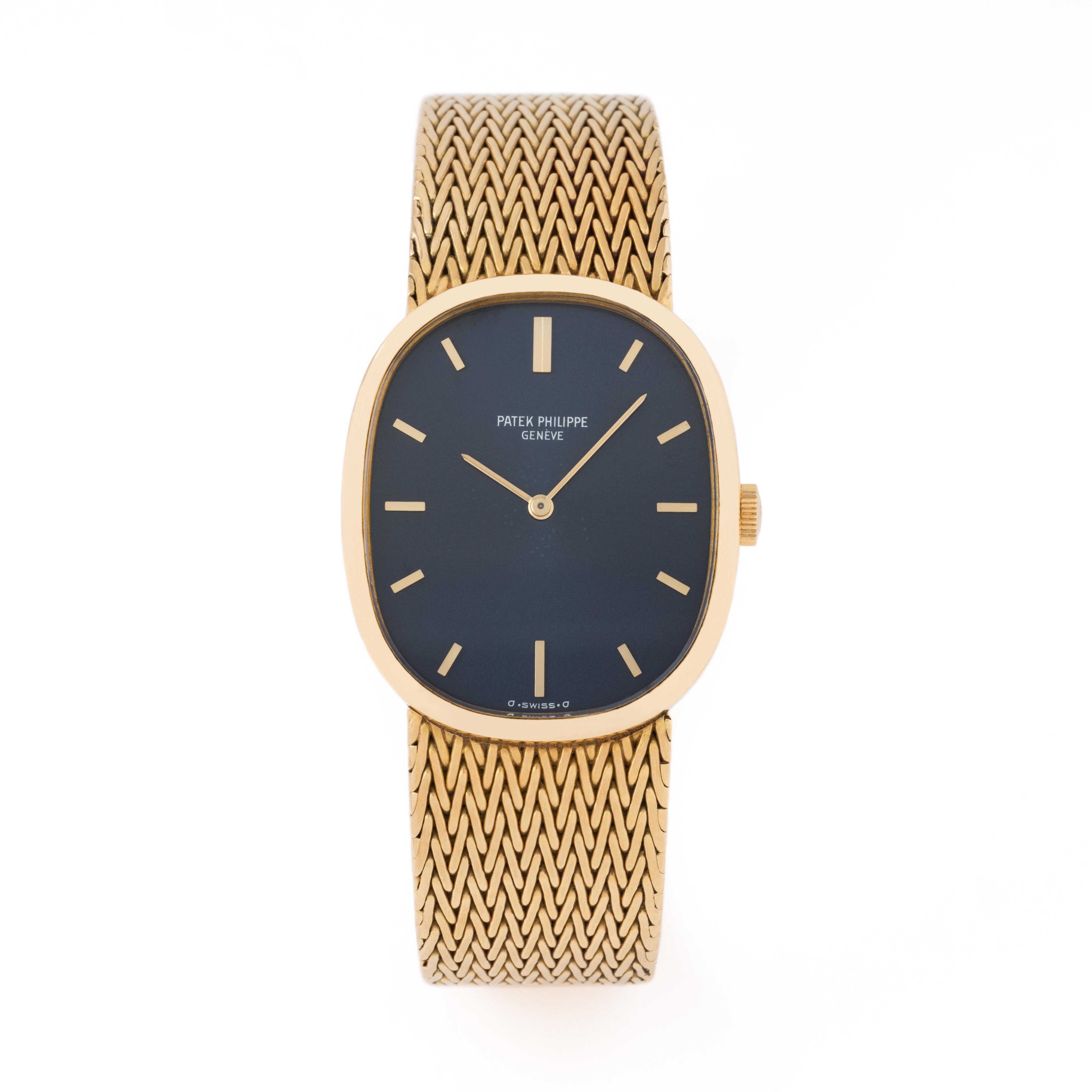 18 Karat Yellow Gold Patek Philippe Ellipse - Manual Wind Model 3848
Case measures: 32mm x 26mm 
fits up to a 7.8