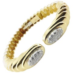 Retro 18 Karat Yellow Gold Pave Diamond Hinged Cuff Bangle Bracelet