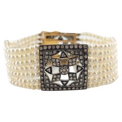 Vintage 18 Karat Yellow Gold Pearl and Diamond Bracelet #16958