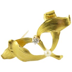 Vintage 18 Karat Yellow Gold Pearl and Diamond Brooch or Pin #4365