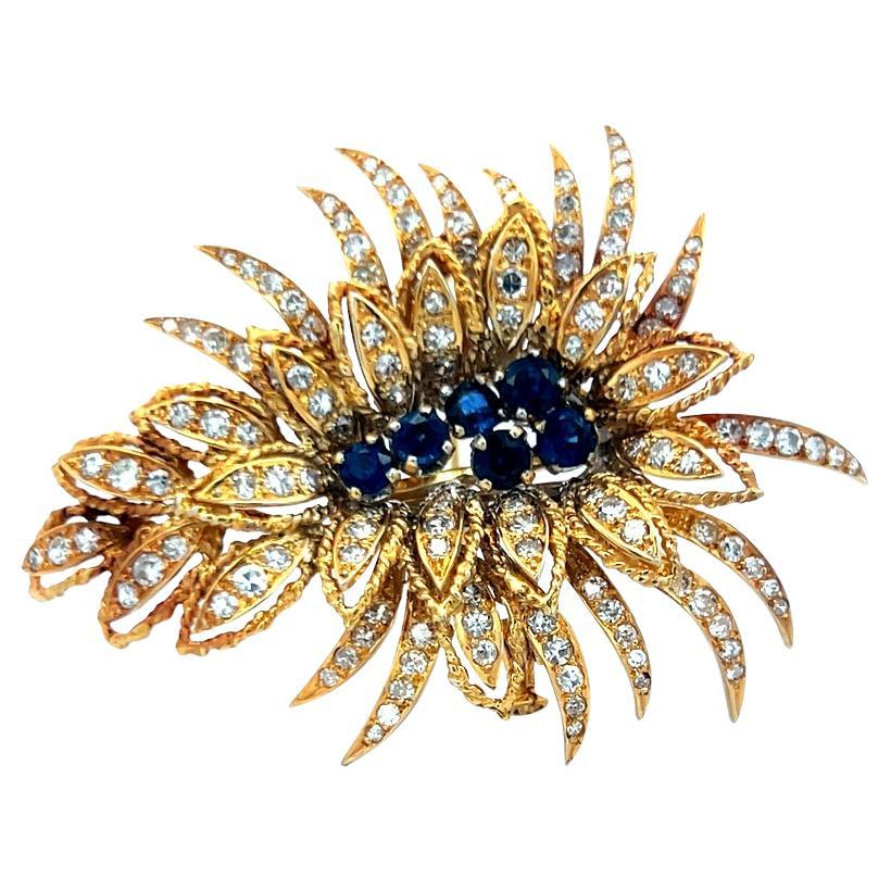Vintage 18 Karat Yellow Gold Pin Brooch 3 Carat Diamonds and 0.8 Carat Sapphire