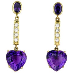 Vintage 18 Karat Yellow Gold Purple Amethyst Heart and Diamond Drop Earrings