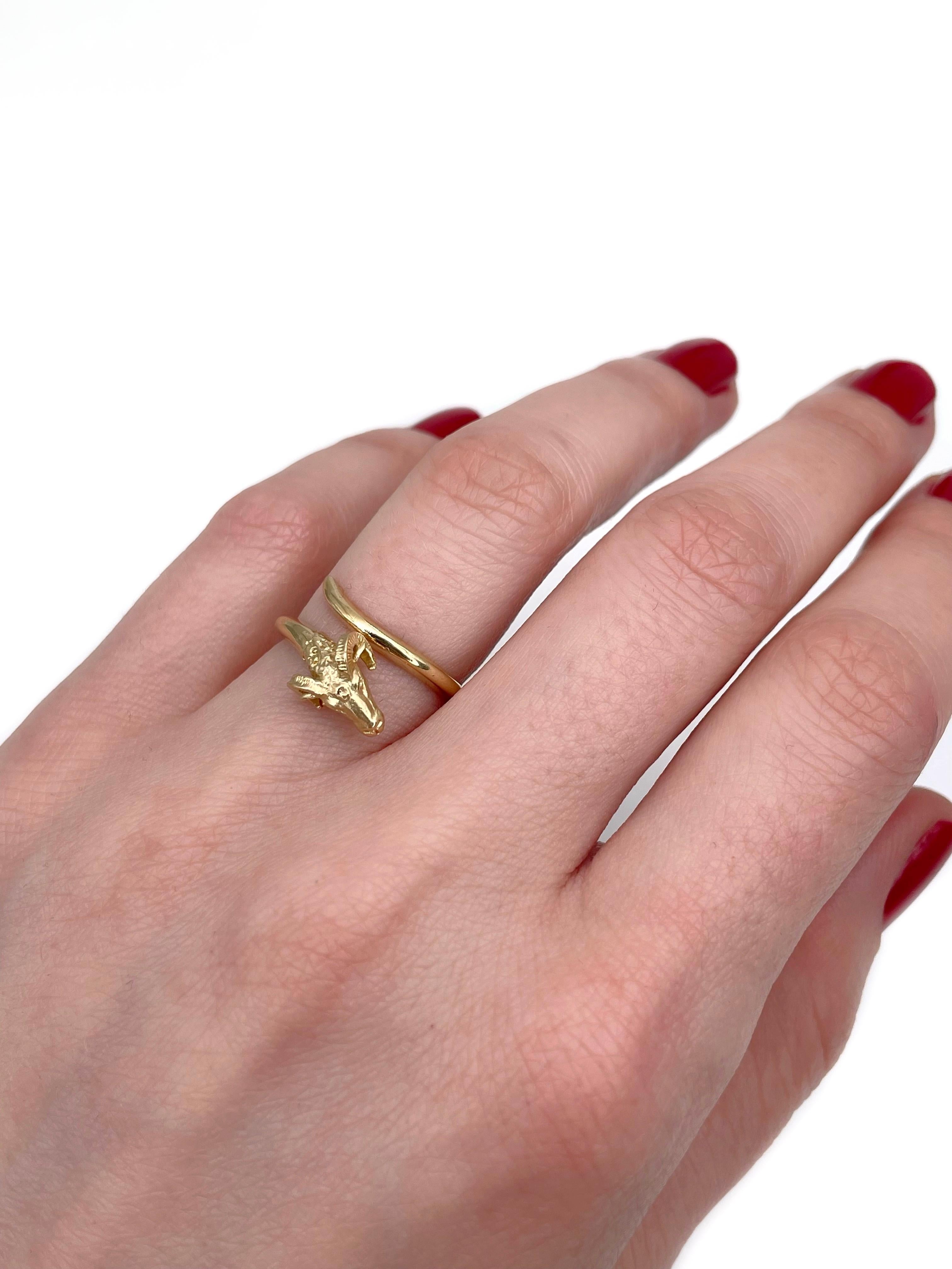 This is a vintage minimalistic ram’s head ring. It is crafted in 18K yellow gold. Circa 1980. 

Weight: 2.63g 
Size: ~16 (US 6) !!The size is hard to measure.

IMPORTANT: Cannot be resized. 

As a buyer, you are fully responsible for the customs