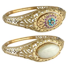 Bracciale vintage in oro giallo 18 carati reversibile con giada, rubino e turchese