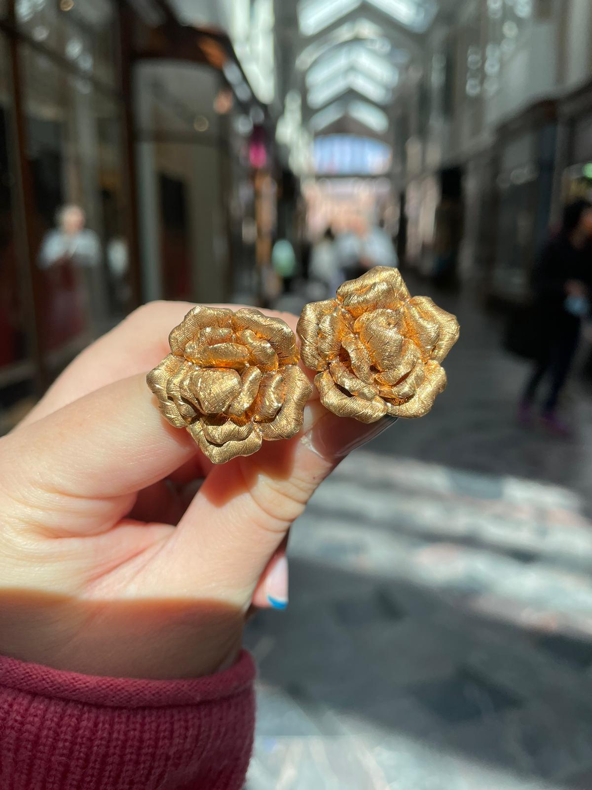 Vintage 18 Karat Gelbgold Rose Clip-Ohrringe, um 1970 Damen