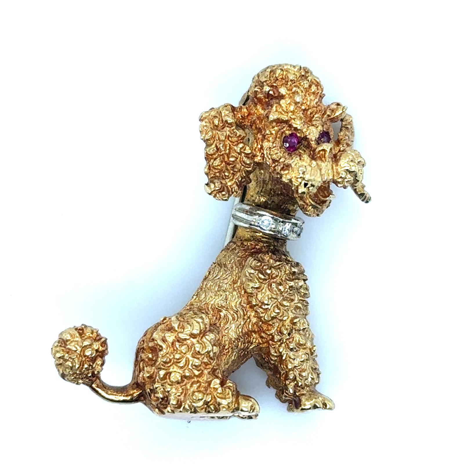Vintage 18 Karat Yellow Gold, Ruby and Diamond Poodle Brooch Pin, Circa 1960 For Sale 4