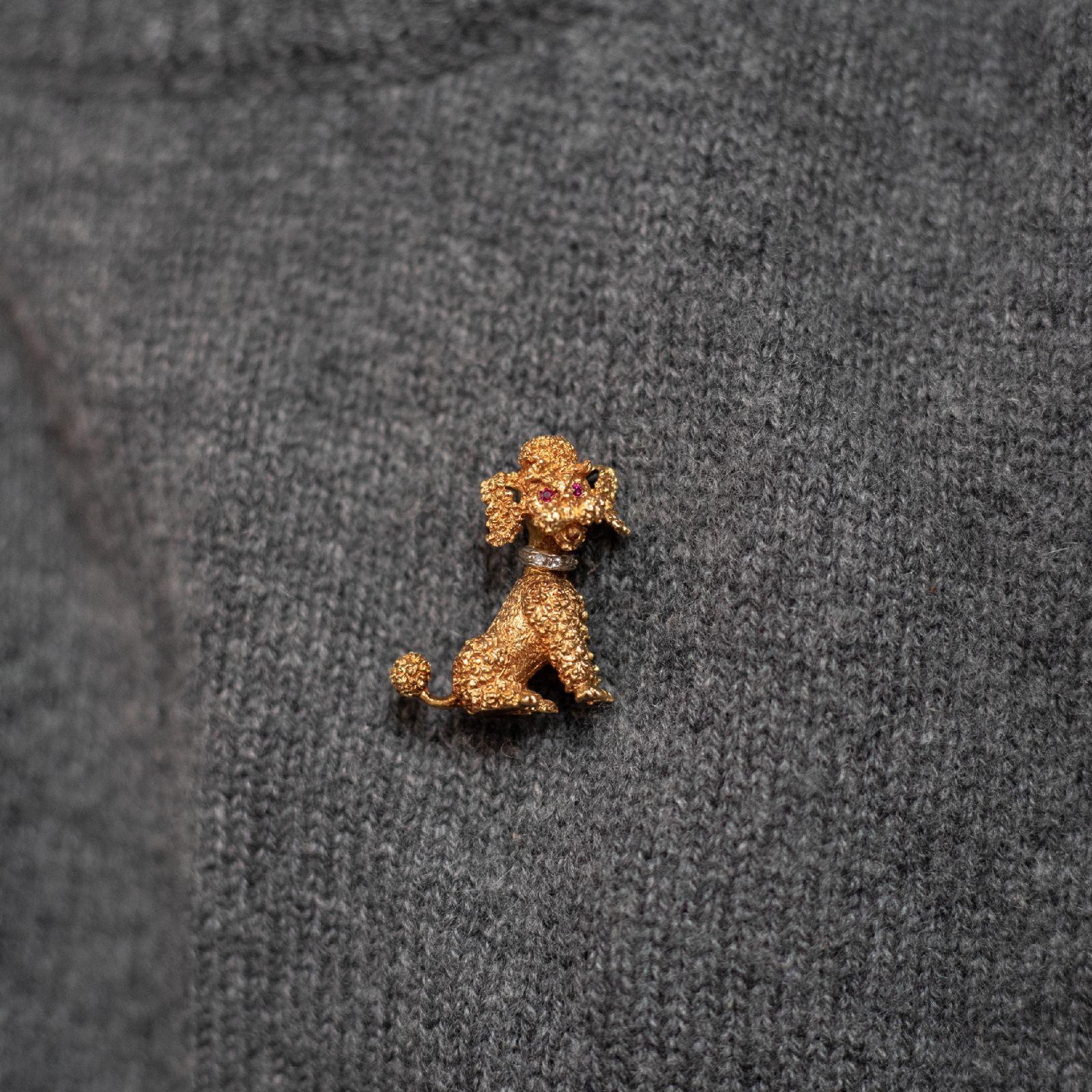 Round Cut Vintage 18 Karat Yellow Gold, Ruby and Diamond Poodle Brooch Pin, Circa 1960 For Sale