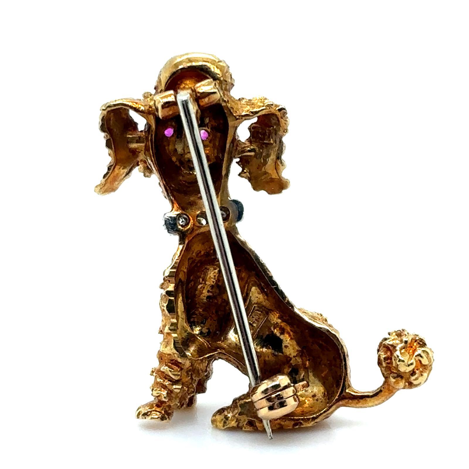 Vintage 18 Karat Yellow Gold, Ruby and Diamond Poodle Brooch Pin, Circa 1960 In Good Condition For Sale In London, GB