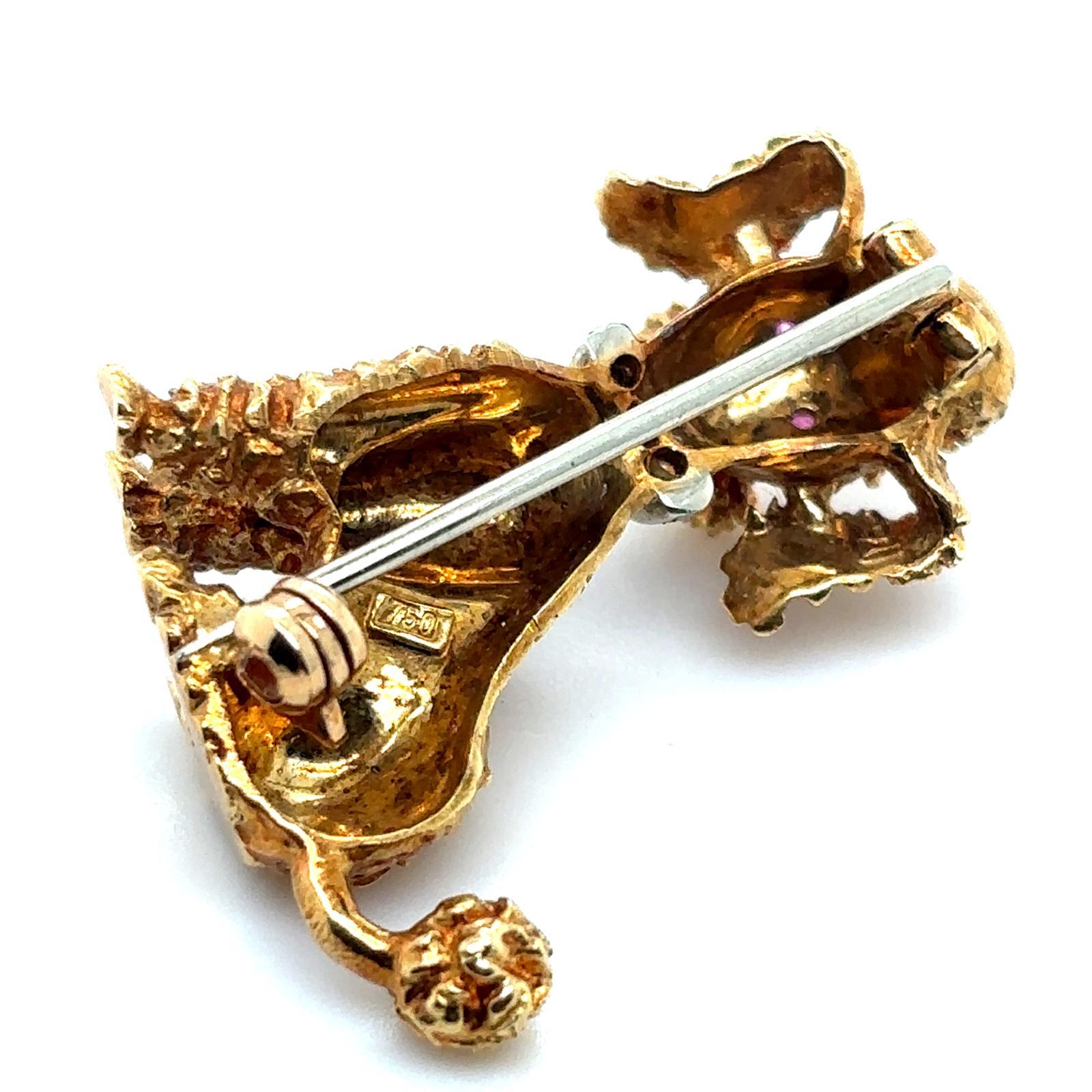 Vintage 18 Karat Yellow Gold, Ruby and Diamond Poodle Brooch Pin, Circa 1960 For Sale 1