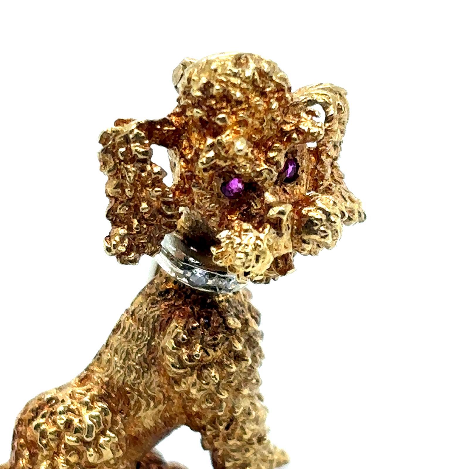 Vintage 18 Karat Yellow Gold, Ruby and Diamond Poodle Brooch Pin, Circa 1960 For Sale 3