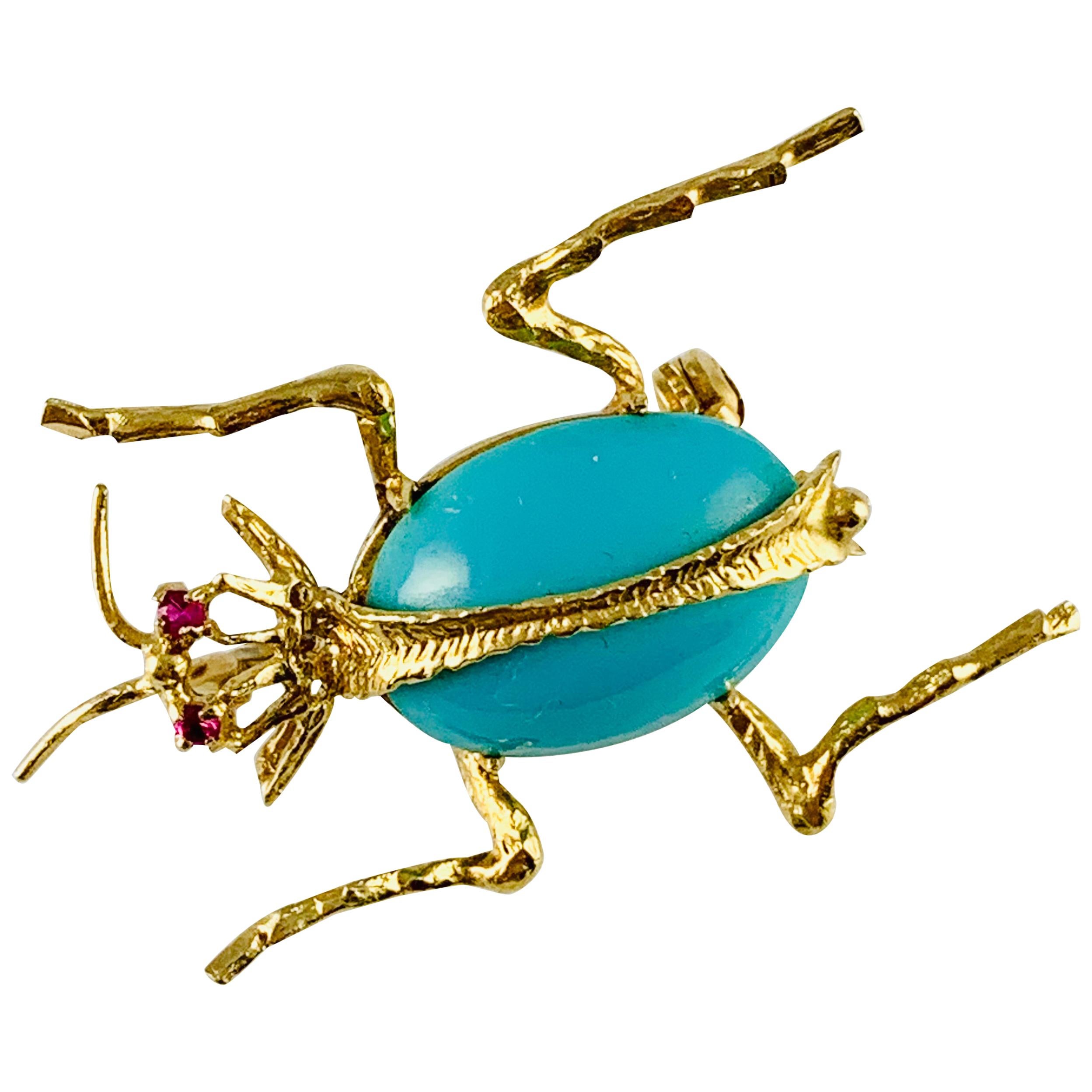 Vintage 18 Karat Yellow Gold Ruby and Turquoise Beetle Brooch or Pin