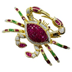 Vintage 18 Karat Yellow Gold Ruby Diamond and Emerald Articulated Crab Brooch