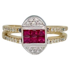 Retro 18 Karat Yellow Gold Ruby Sapphire Diamond Engagement Flip Ring