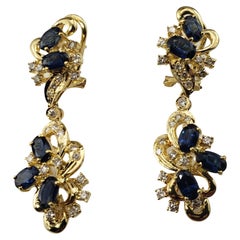 Antique 18 Karat Yellow Gold Natural Sapphire and Diamond Dangle Earrings