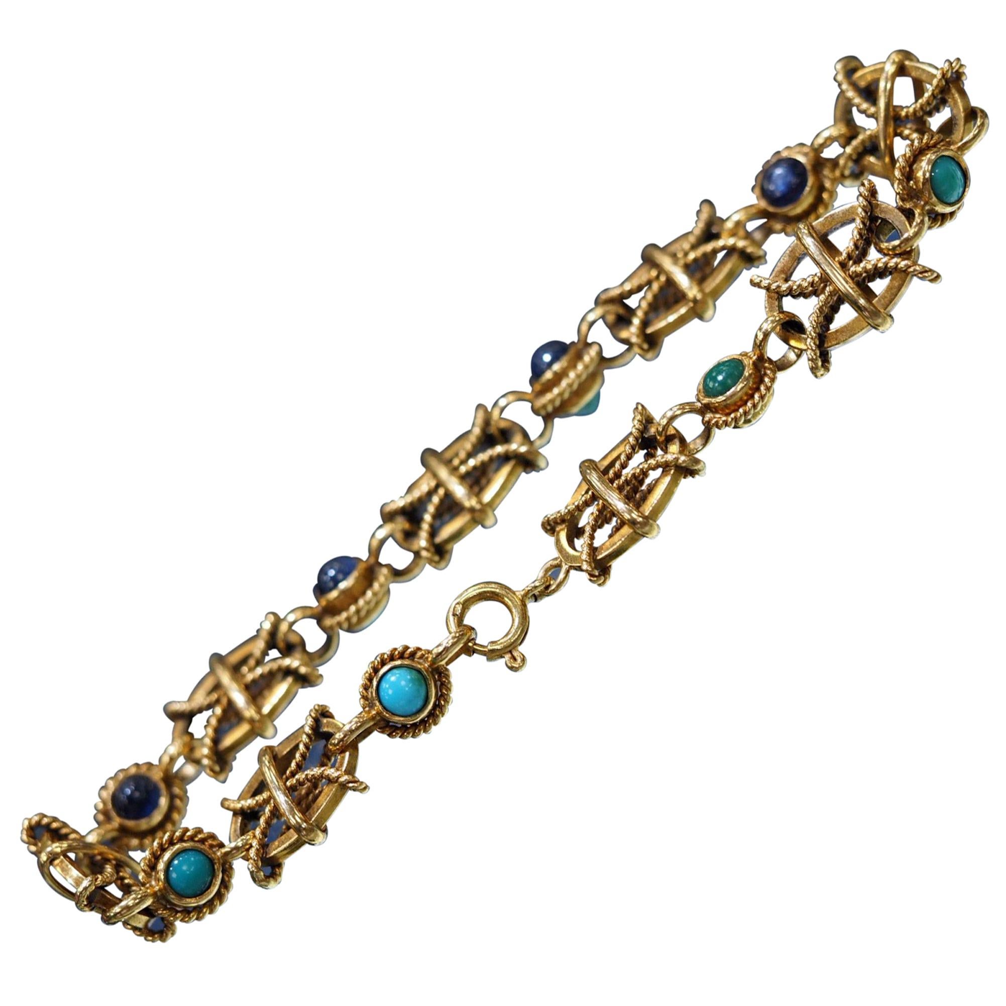 Vintage 18 Karat Yellow Gold Sapphire and Turquoise Mariner Bracelet