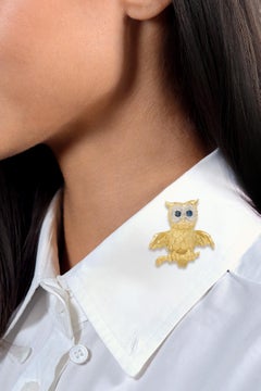 Vintage 18 Karat Gelbgold Saphir Diamant Skurrile Eule Vogel Brosche