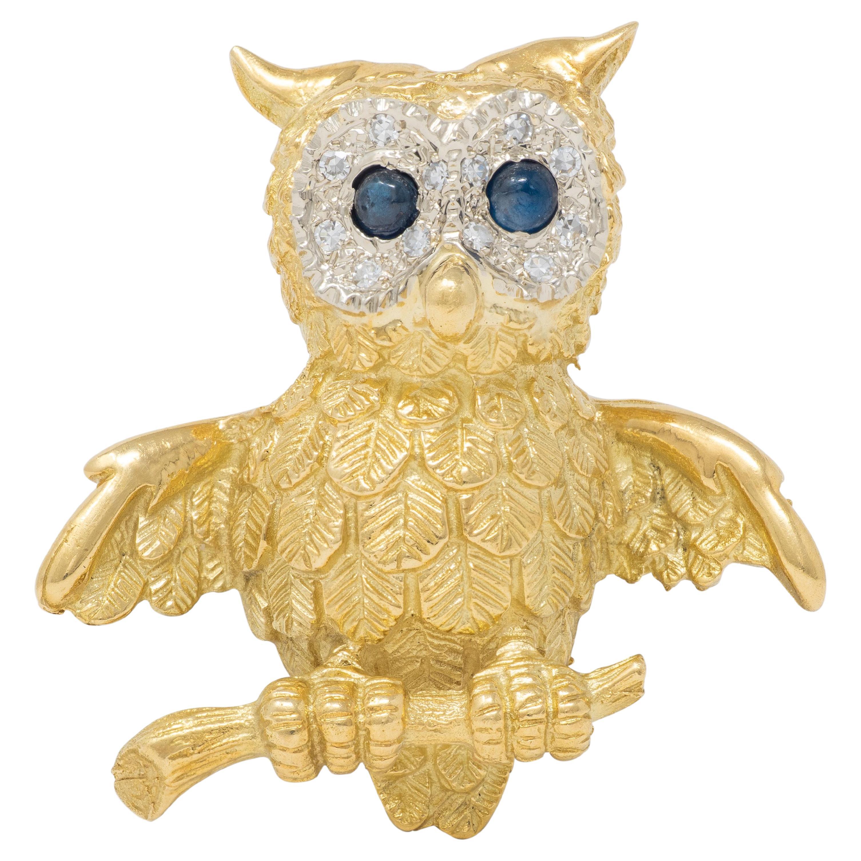 Vintage 18 Karat Yellow Gold Sapphire Diamond Whimsical Owl Bird Brooch