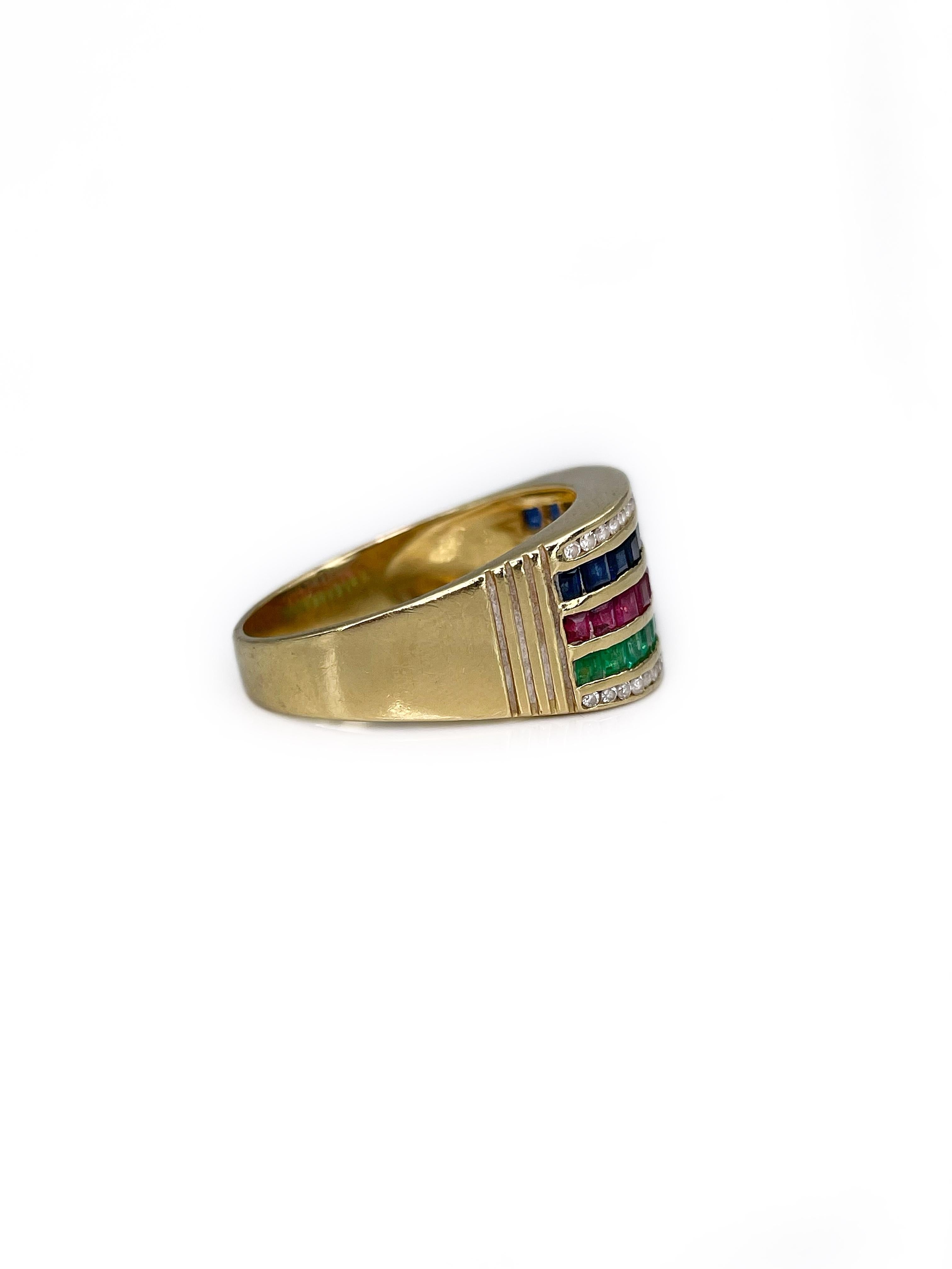 This is a vintage wide band ring crafted in 18K yellow gold. The piece features all big four gems:
- diamonds: 40pcs., brilliant cut, 0.18ct, RW-STW, VS-SI
- rubies: 12pcs., square cut, 0.55ct, slpR 5/4, VS-SI
- sapphires: 12pcs., square cut,