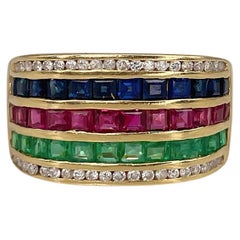 Vintage 18 Karat Yellow Gold Sapphire Ruby Emerald Diamond Wide Band Ring