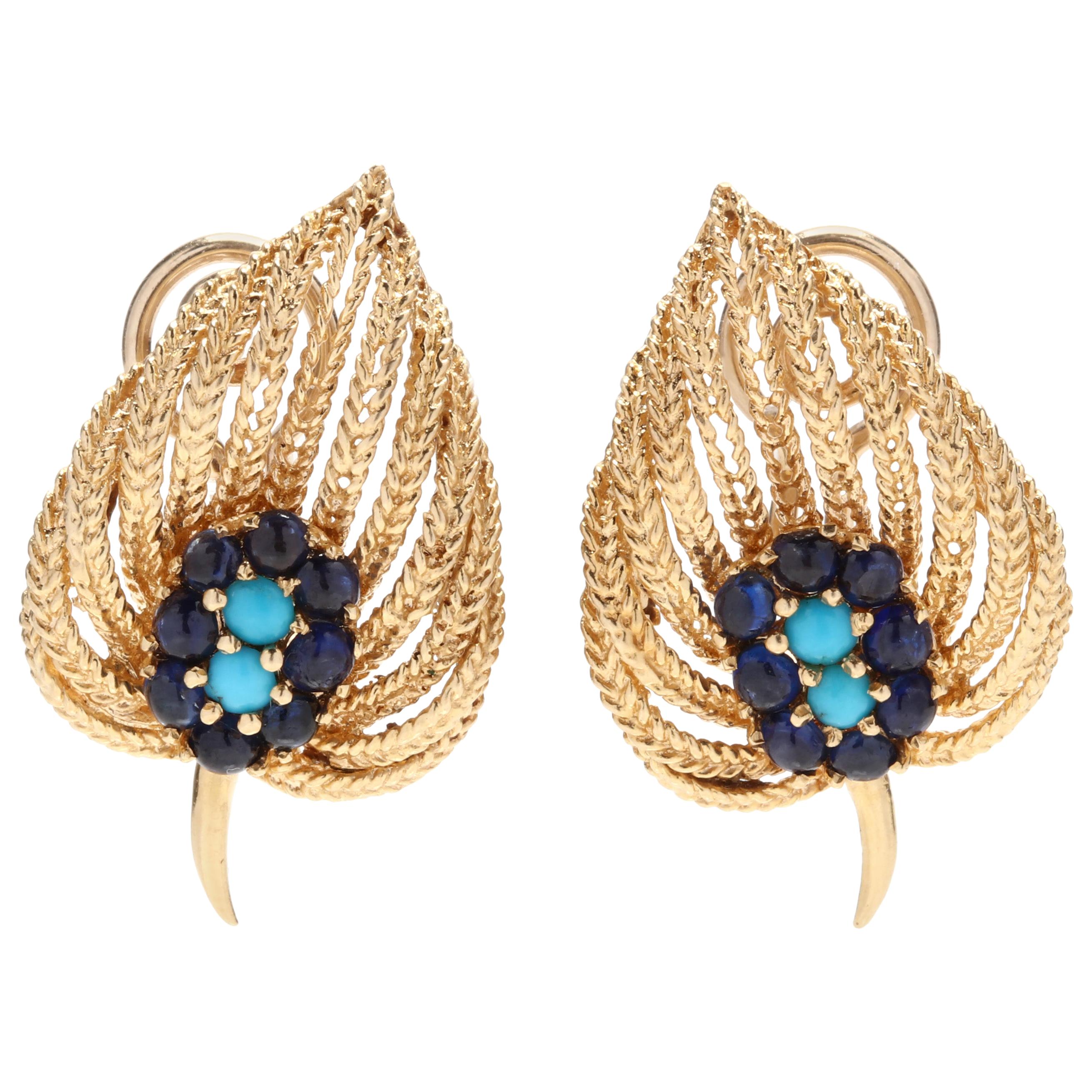 Vintage 18 Karat Yellow Gold, Turquoise and Sapphire Leaf Earrings