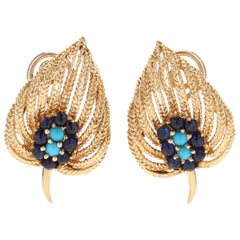 Vintage 18 Karat Yellow Gold, Turquoise and Sapphire Leaf Earrings
